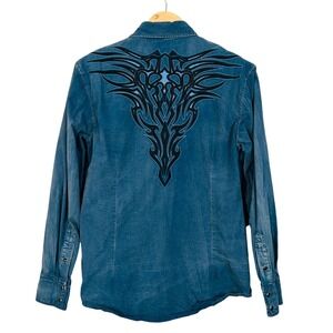 Men's Long Sleeve Western Shirt Drysdales Sz-M Embroidered Pearl Snap Workwear